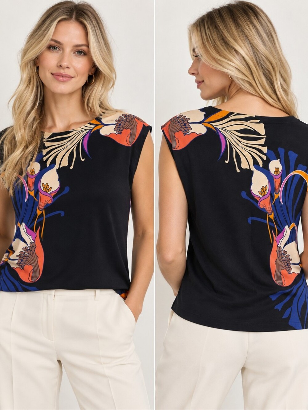CHICO’S TRAVELERS CALLA LILY PLACED PRINT TUNIC TOP BLACK SIZE 1 (M 8-10)